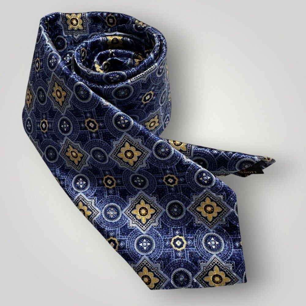 ROBERT TALBOTT Tie Silk Tie Geometric 100% Silk Necktie Made in USA Blue/Yellow